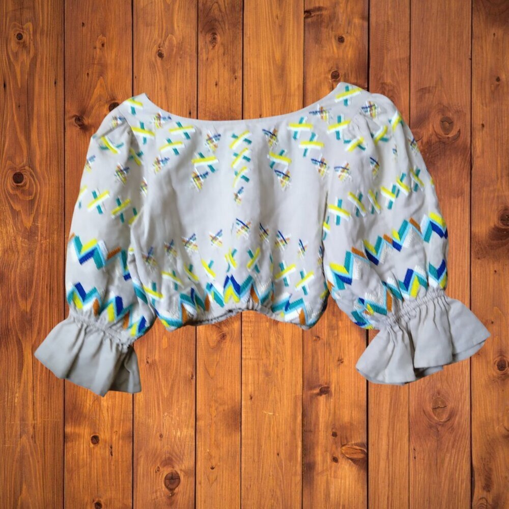 All Things Mochi Embroidered Crop Top Balloon Sleeves Boho Festival Size XS